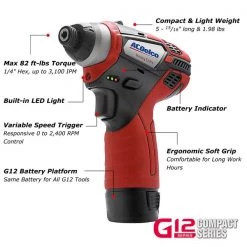 Acdelco Tools G12 12V 1/4'' Cordless Impact Driver, 2-Batery, ARI12105 6 G12 12V 1/4'' Cordless Impact Driver, 2-Batery, ARI12105