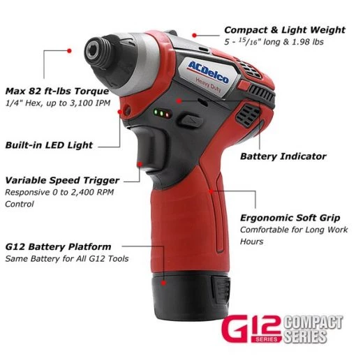 G12 12V 1/4'' Cordless Impact Driver, 2-Batery, ARI12105