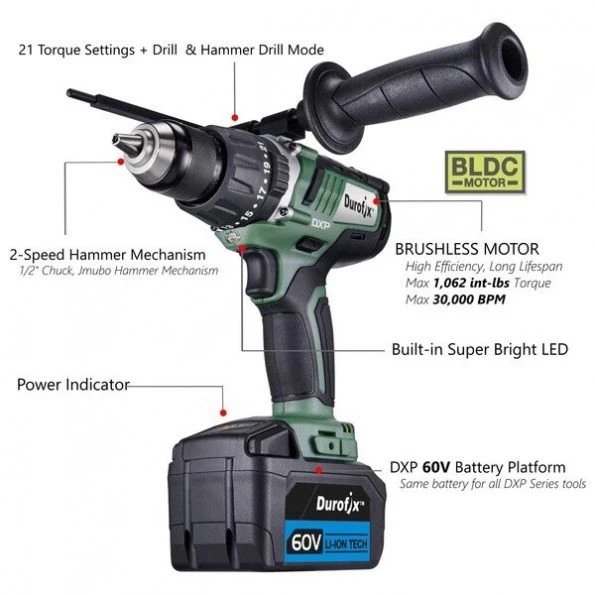 DXP 60V BLDC 2-speed Jumbo Hammer Drill, 1,062 In-lbs, Kit