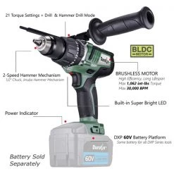 DXP 60V BLDC 2-speed Jumbo Hammer Drill 1,062 In-lbs Tool Only