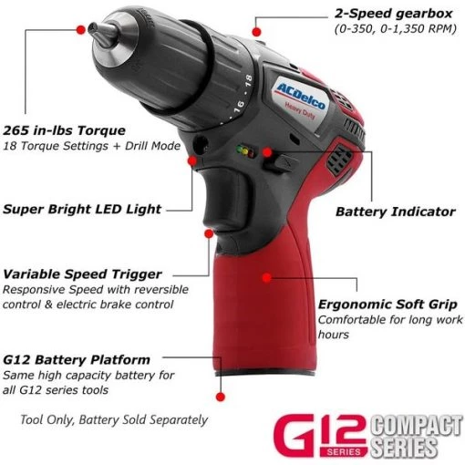 G12 12V Cordless 3/8" Chuck 2-Speed Drill Driver, 2-Battery Kit