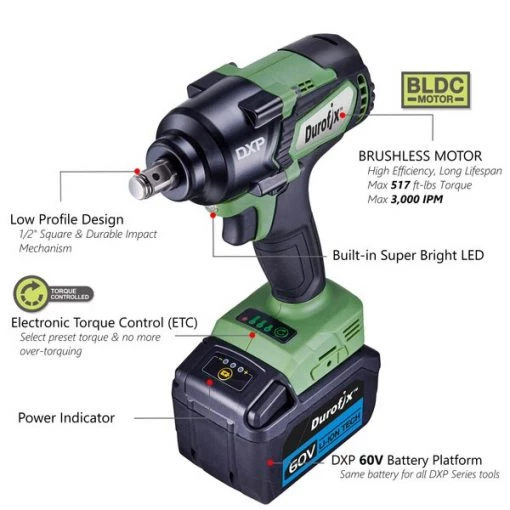 DXP 60V 1/2" BLDC Impact Wrench, 3-Stage, 517 ft-lbs, Kit
