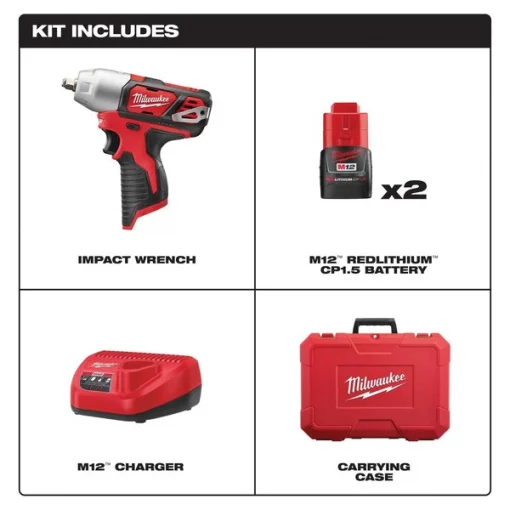 M12 3/8" Cordless Impact Wrench Kit, (2) 1.5Ah, (1) 2.0Ah Batteries