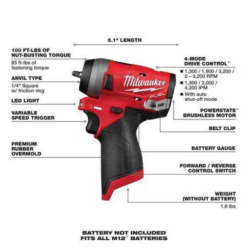 Impact Wrench, Bare Tool, Battery, 12VDC