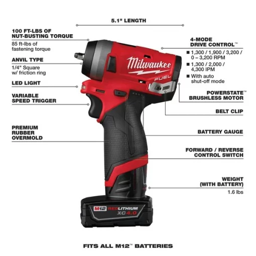 M12 FUEL(TM) 12V 1/4" Cordless Impact Wrench Kit