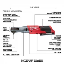 Ratchet, Cordless, 12V DC, 55 ft-lb Torque