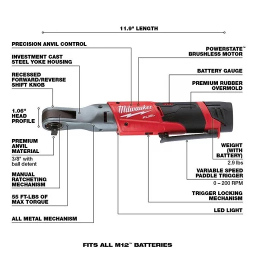 M12 FUEL(TM) 12V 3/8" Cordless Ratchet Kit