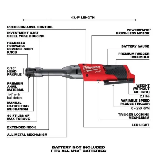 Ratchet, Cordless, 12V DC, 40 ft-lb Torque