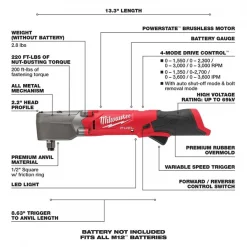 Milwaukee Impact Wrench, Cordless, 12V DC, 3000 RPM 5 Impact Wrench, Cordless, 12V DC, 3000 RPM