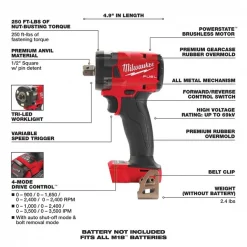 Milwaukee M18 FUEL™ Cordless 1/2" Compact Impact Wrench w/ Pin Detent Bare Tool 4 M18 FUEL™ Cordless 1/2" Compact Impact Wrench w/ Pin Detent Bare Tool
