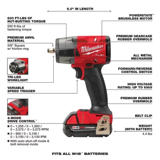 M18 FUEL™ Cordless 3/8" Mid-Torque Impact Wrench w/ Friction Ring CP2.0 Kit
