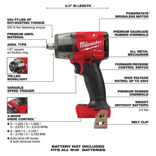 Mid-Torque Impact Wrench, 1/2", Cordless
