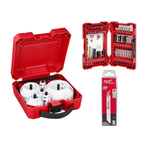 Milwaukee Impact Drill Set 40PC w/ 28PC Hole Dozer, 50pk 6” 18TPI Sawzall Blades 1 Impact Drill Set 40PC w/ 28PC Hole Dozer, 50pk 6” 18TPI Sawzall Blades