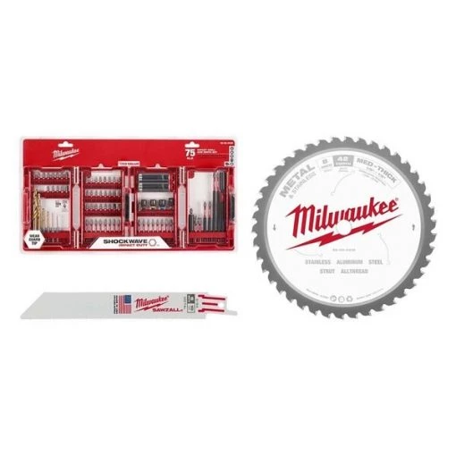 Milwaukee SHOCKWAVE™ 75 pc. Impact Drill & Drive Set, w/ 8” Circular Saw Blade, w/ 5pk 6” 18TPI Sawzall Blade 1 SHOCKWAVE™ 75 pc. Impact Drill & Drive Set, w/ 8” Circular Saw Blade, w/ 5pk 6” 18TPI Sawzall Blade
