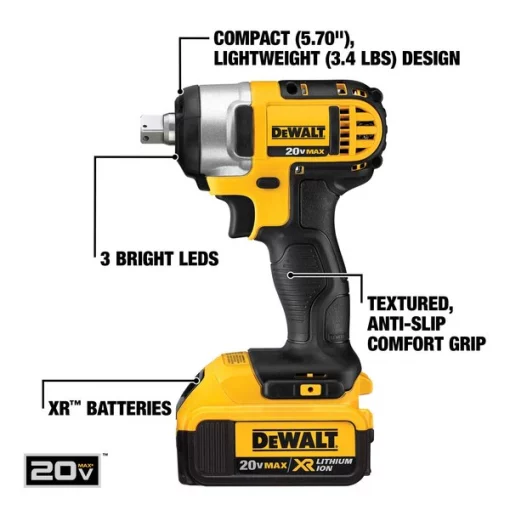 Cordless Impact Wrench Kit, 20V 1/2" Detent Pin, DCF880M2