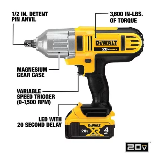 Cordless Impact Wrench Kit, 20V 1/2" Pin Detent, DCF889M2