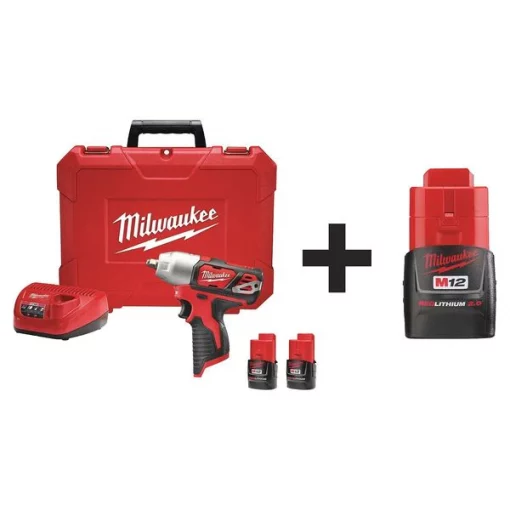 M12 3/8" Cordless Impact Wrench Kit, (2) 1.5Ah, (1) 2.0Ah Batteries