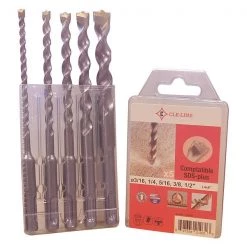Cle-Line 5PC SDS-Plus 2-Flute Carbide-Tipped Masonry Drill Set CLE 1821 HSS 3/16, 1/4, 5/16, 3/8, 1/2X6IN